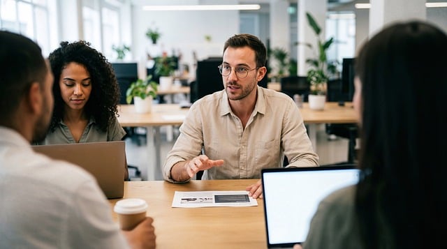 canadian business team reviewing AI analytics reports in boardroom meeting